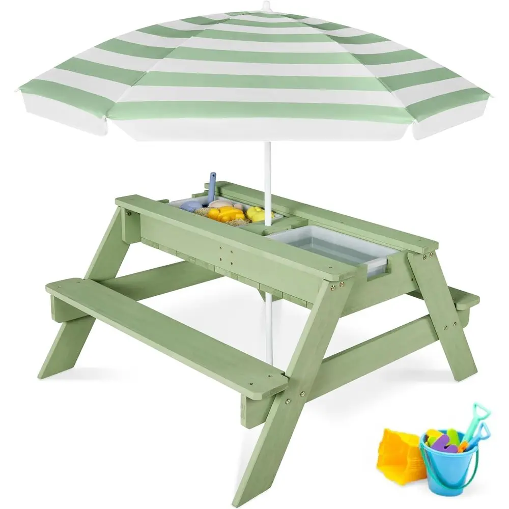 4-Seat Outdoor Picnic Table with Umbrella, Sand & Water Play, Convertible Design, Sage
4-Seat Outdoor Picnic Table with Umbrella, Sand & Water Play, Convertible Design, Sage