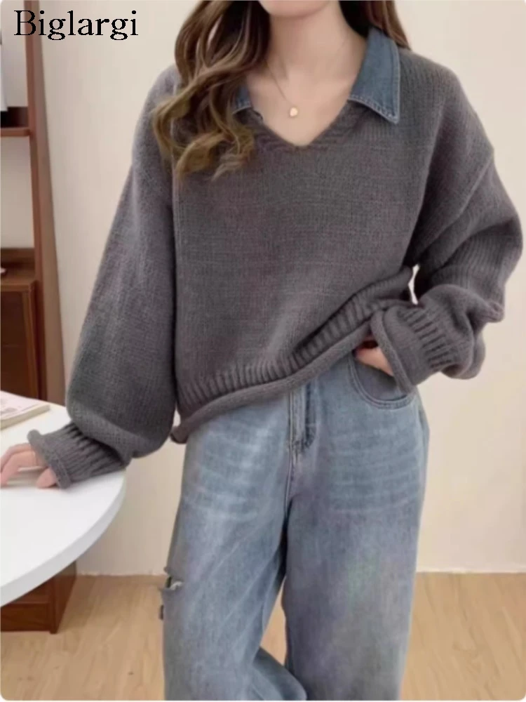 Autumn Knitted Sweater Women Fashion Polo Neck Denim Patchwork Ladies Jumper Fake Two Piece Long Sleeve Woman Pullover Sweaters
Autumn Knitted Sweater Women Fashion Polo Neck Denim Patchwork Ladies Jumper Fake Two Piece Long Sleeve Woman Pullover Sweaters