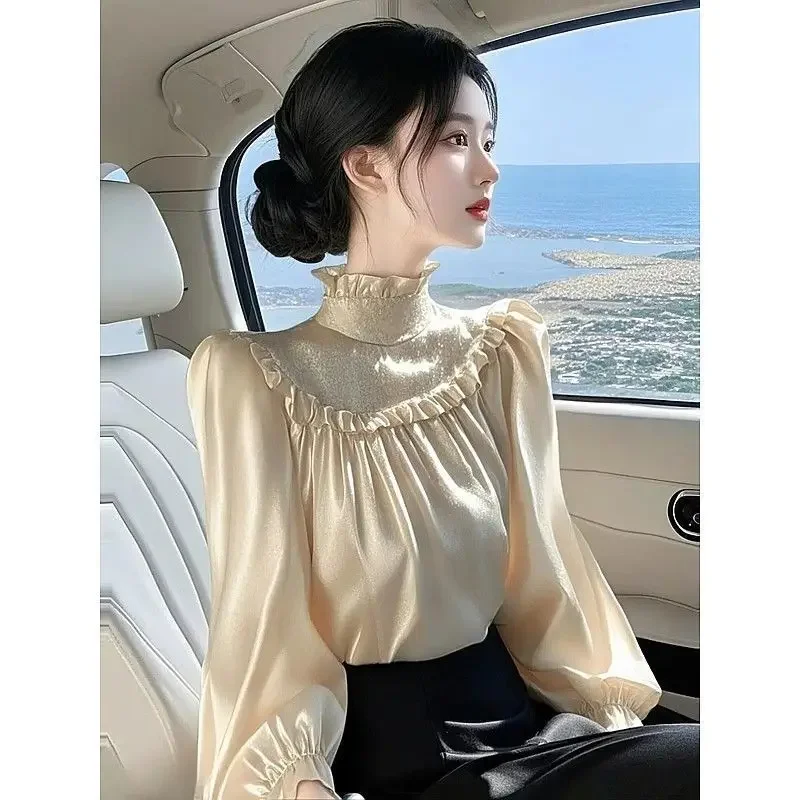 Роскошная уникальная элитная атласная рубашка, абрикосовая блузка во французском стиле для женщин, весенняя новая модная легкая блузка 
Роскошная уникальная элитная атласная рубашка, абрикосовая блузка во французском стиле для женщин, весенняя новая модная легкая блузка