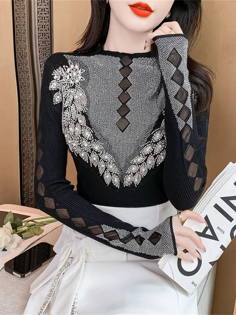 Luxury Shiny Diamonds Mesh Splice Knitted Sweater Female Tops New Stylish Long-Sleeve Embroidered Beaded Knit Pullover Jumper
Luxury Shiny Diamonds Mesh Splice Knitted Sweater Female Tops New Stylish Long-Sleeve Embroidered Beaded Knit Pullover Jumper