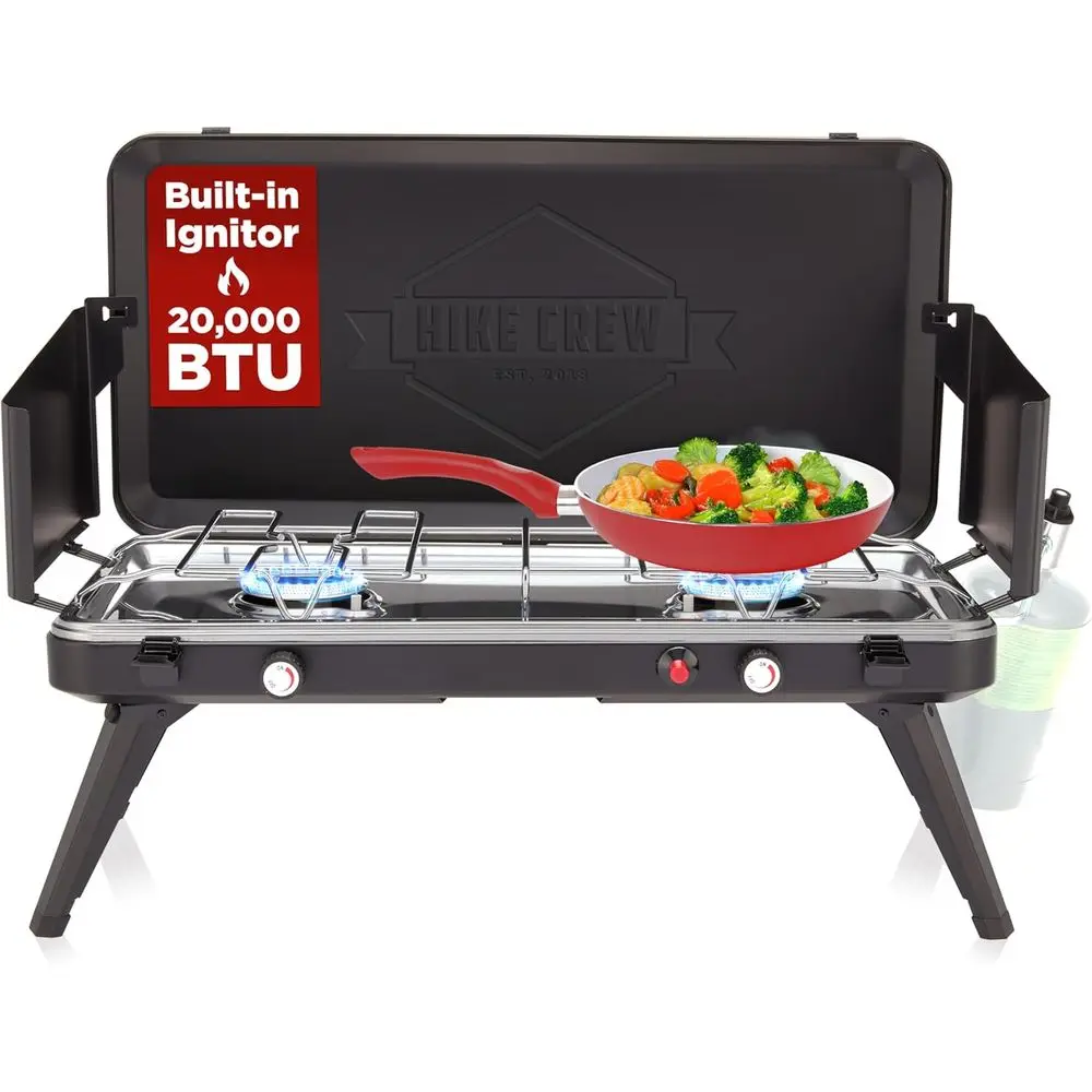 Portable 2-Burner Propane Stove with 20,000 BTU, Foldable Legs, Igniter, Regulator, Wind Panels & Carry Handle
Portable 2-Burner Propane Stove with 20,000 BTU, Foldable Legs, Igniter, Regulator, Wind Panels & Carry Handle