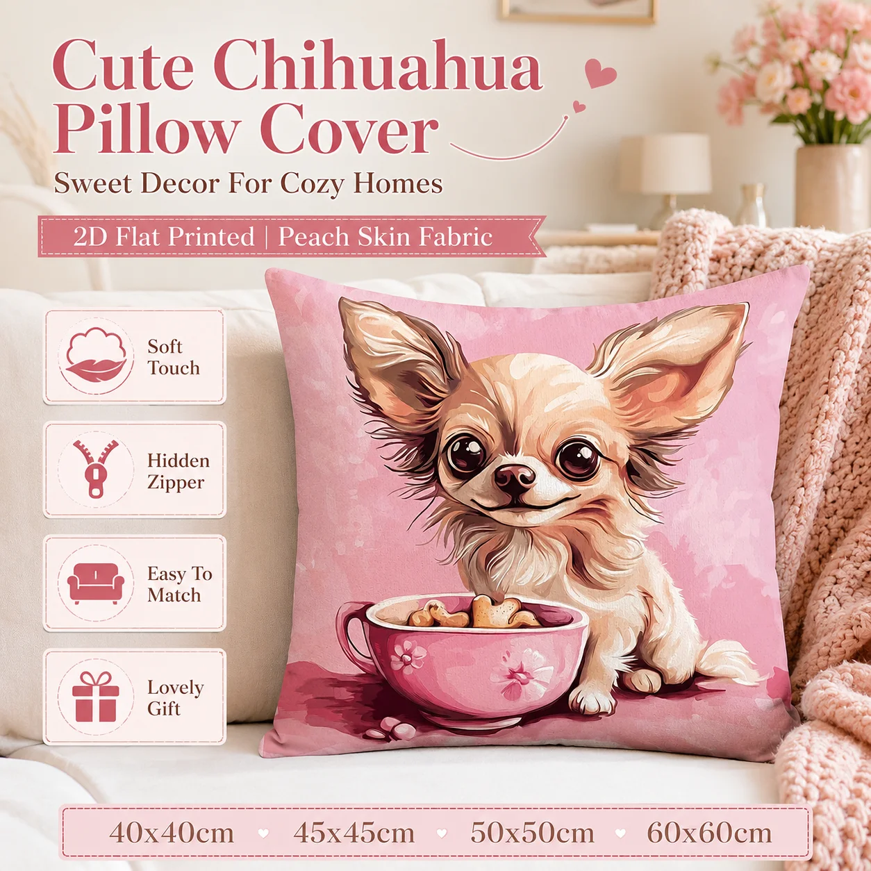 Cute Chihuahua Pink Teacup Peach Skin Pillowcase 2D Flat Printed Cartoon Dog Cushion Cover for Sofa Living Room Home Decor
Cute Chihuahua Pink Teacup Peach Skin Pillowcase 2D Flat Printed Cartoon Dog Cushion Cover for Sofa Living Room Home Decor
