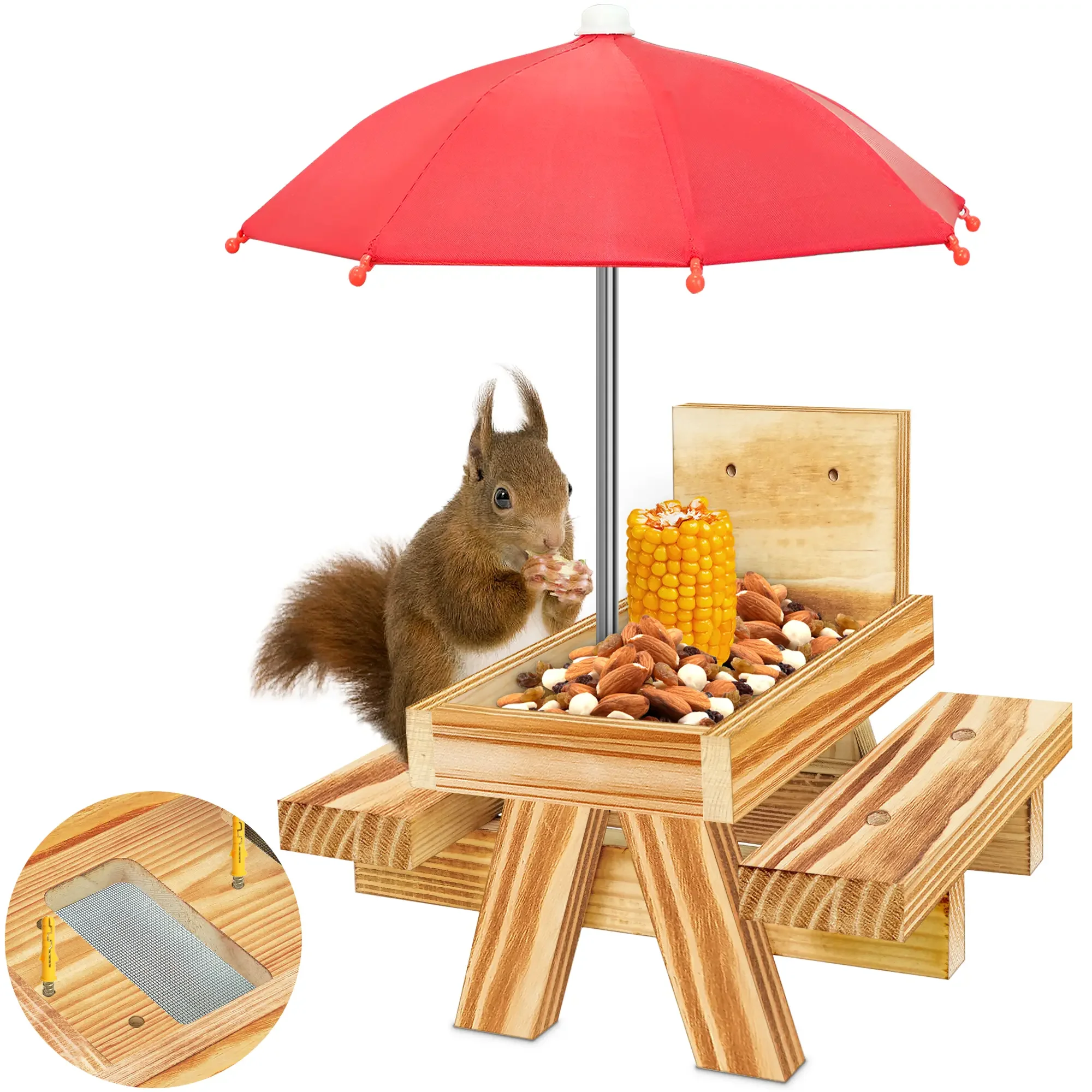 Squirrel Feeder, Carbonized Wood Picnic Table Tray Design With Umbrella, Water-Resistant Outdoor Solid Structure, Corn Cob Holder For Chipmunks, Brown
Squirrel Feeder, Carbonized Wood Picnic Table Tray Design With Umbrella, Water-Resistant Outdoor Solid Structure, Corn Cob Holder For Chipmunks, Brown
