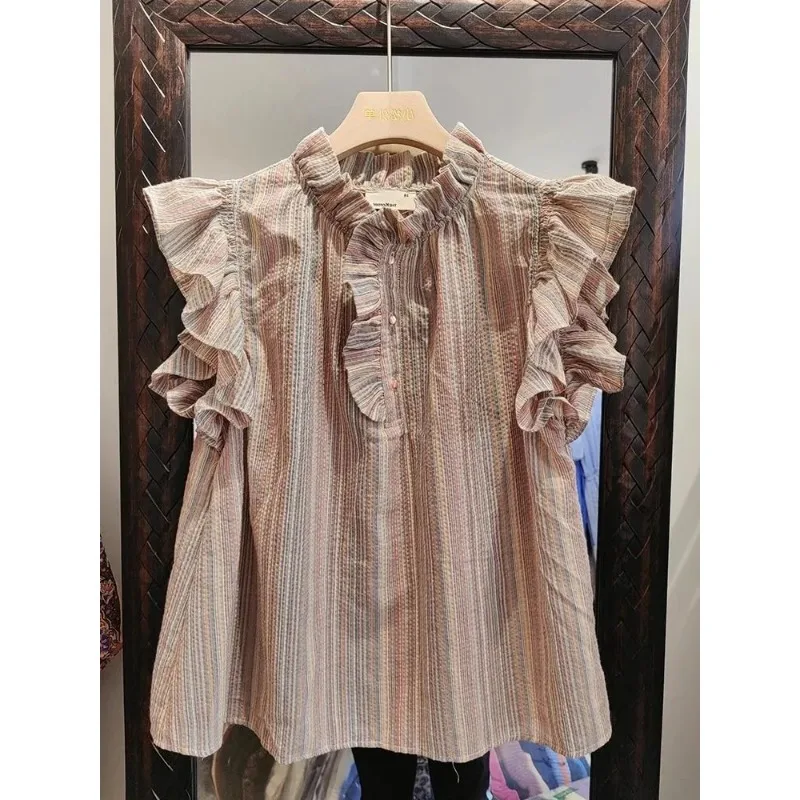 Летняя женская полосатая блузка с рюшами и воротником-стойкой, без рукавов, свободного кроя, повседневный топ
Летняя женская полосатая блузка с рюшами и воротником-стойкой, без рукавов, свободного кроя, повседневный топ