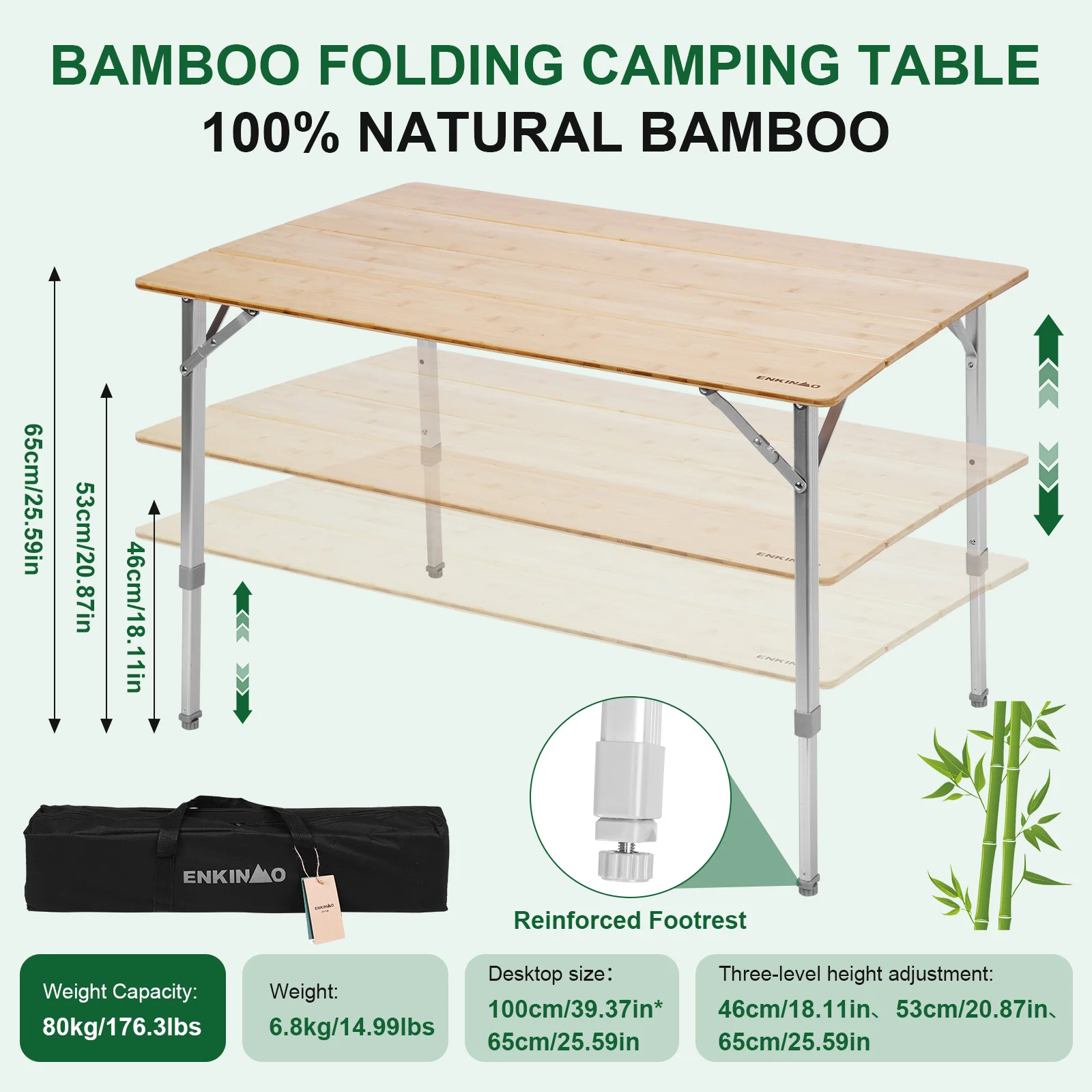 Adjustable Height Bamboo Folding Table with Carry Bag Large Folding Camping Table Loads 80KG for Cooking Picnic Beach Backyards
Adjustable Height Bamboo Folding Table with Carry Bag Large Folding Camping Table Loads 80KG for Cooking Picnic Beach Backyards