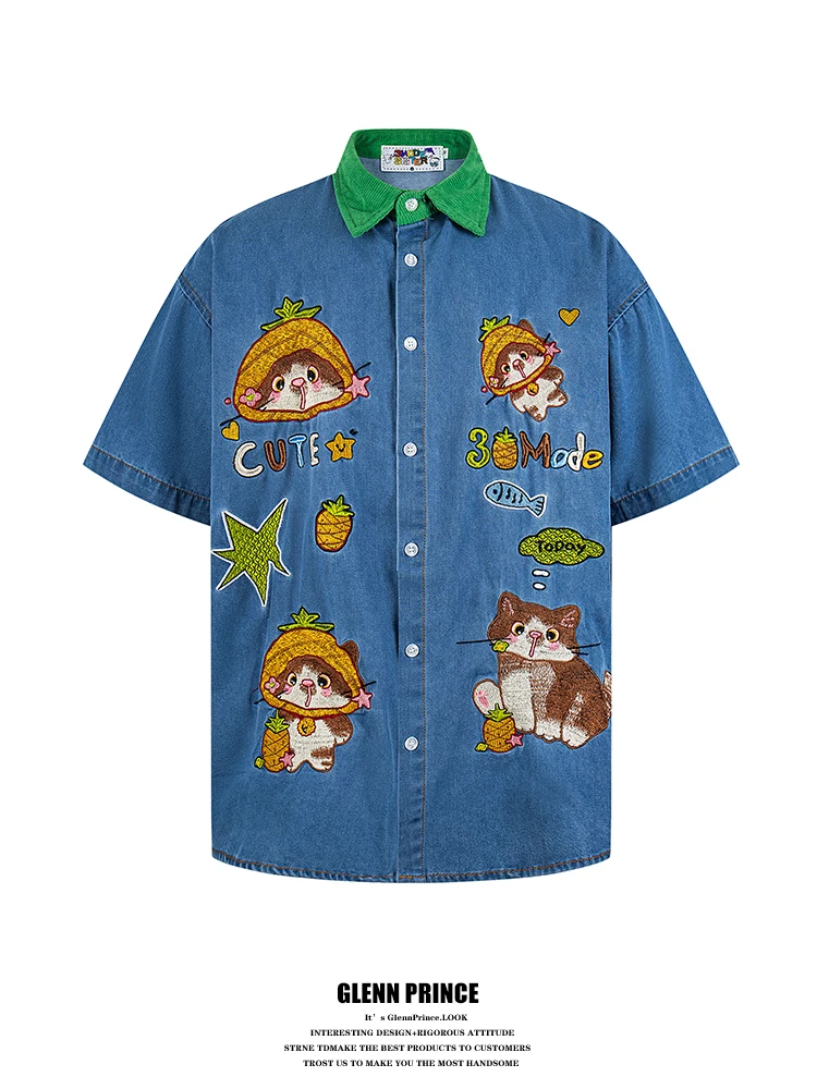 GPstudio American Style Fun Embroidery Denim Shirt Men Summer Loose Couple Lazy Style Shirt Cotton Short Sleeve Casual
GPstudio American Style Fun Embroidery Denim Shirt Men Summer Loose Couple Lazy Style Shirt Cotton Short Sleeve Casual