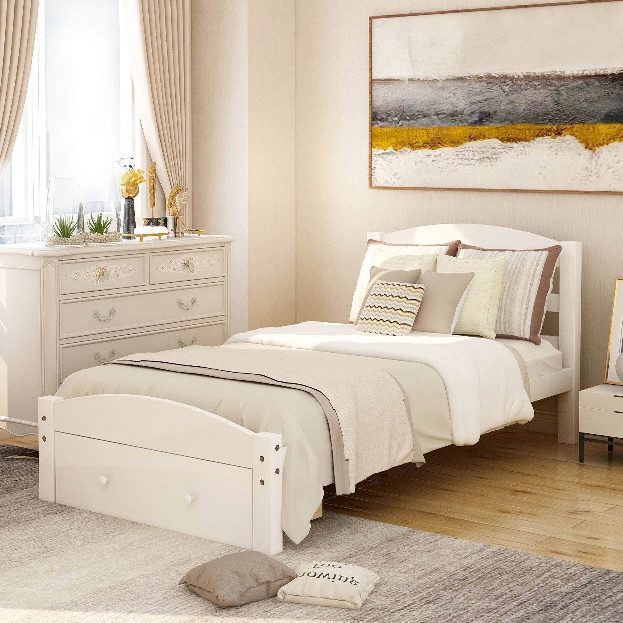 White Twin Platform Bed Frame with Storage Drawer and Wood Slat Support 79.50x41.30x36.10 in.
White Twin Platform Bed Frame with Storage Drawer and Wood Slat Support 79.50x41.30x36.10 in.