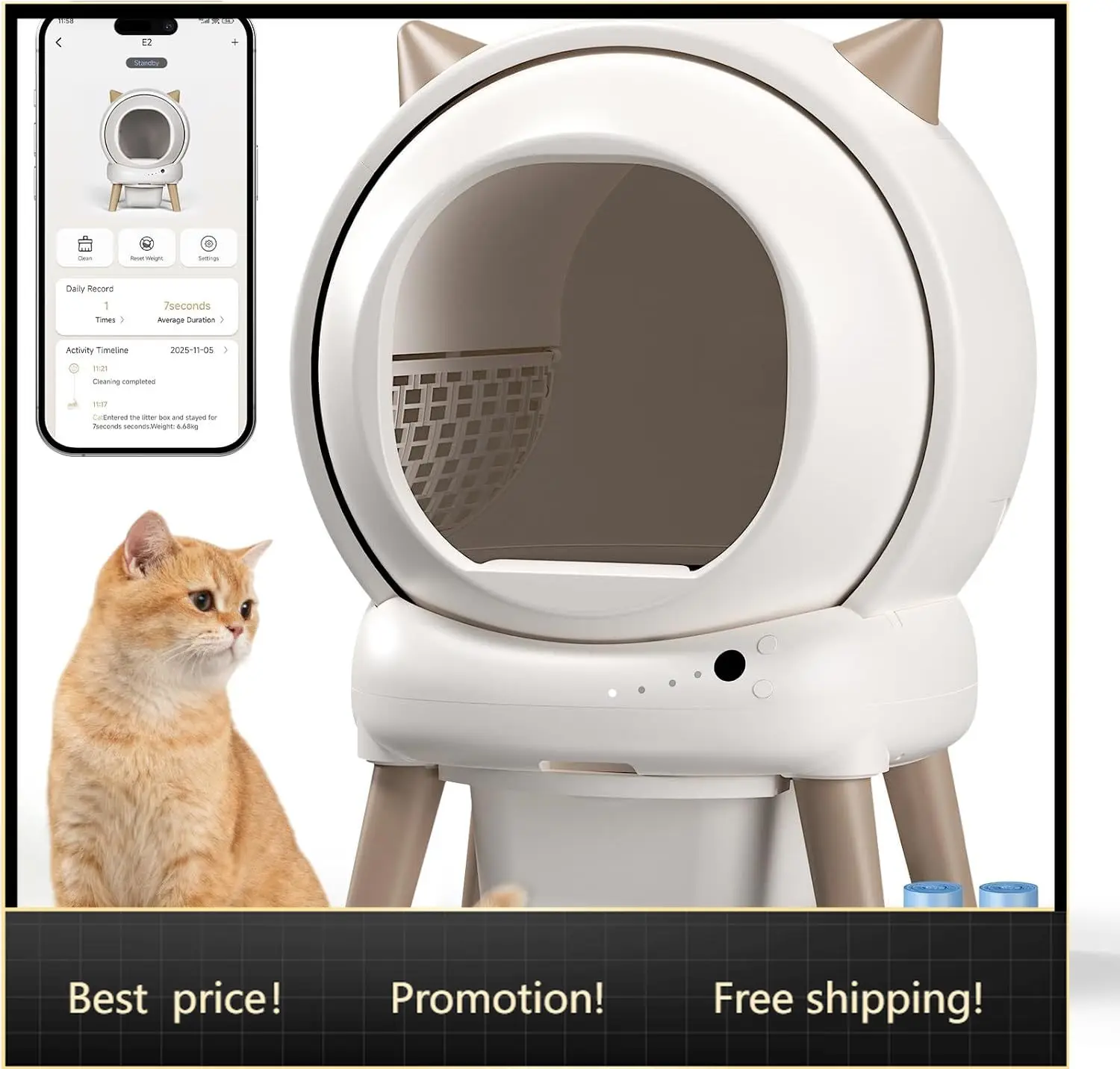 Automatic Cat Litter Box E2 Self Cleaning Litter Box Smart Robot for Multiple Cats APP Real Time Monitor Weight Monitoring
Automatic Cat Litter Box E2 Self Cleaning Litter Box Smart Robot for Multiple Cats APP Real Time Monitor Weight Monitoring