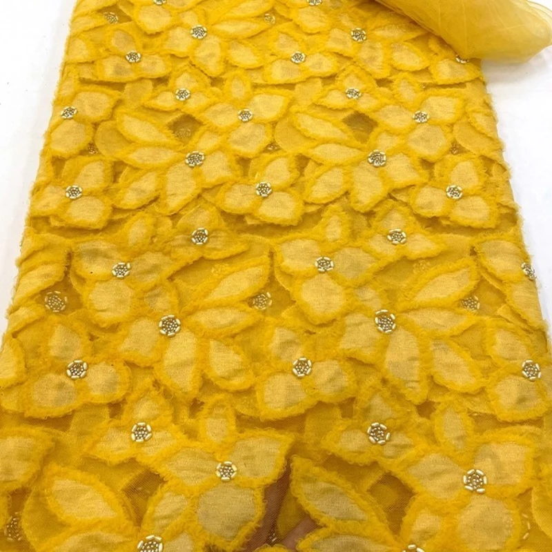 French luxury golden yellow lace mesh fabric, African Nigerian material, hollowed-out beaded pattern sequined lace fabric dress
French luxury golden yellow lace mesh fabric, African Nigerian material, hollowed-out beaded pattern sequined lace fabric dress