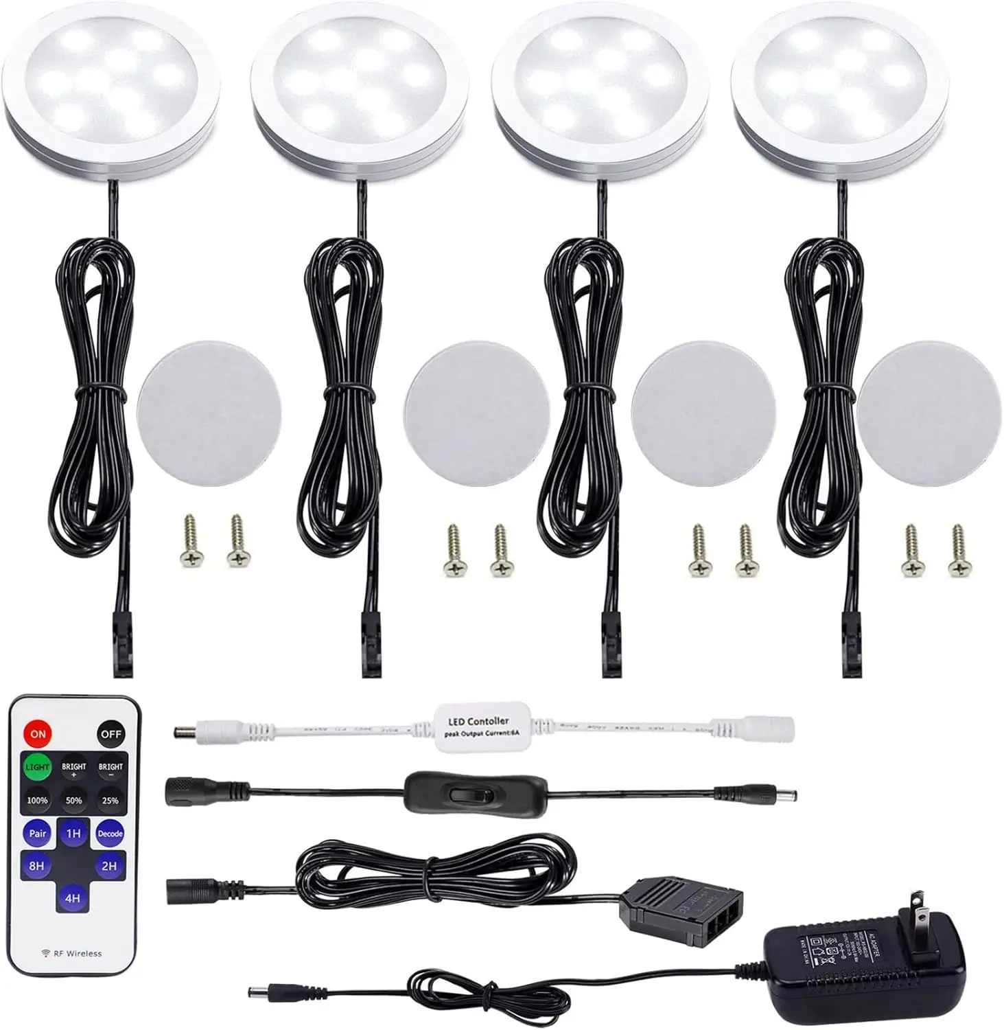 LED Under Cabinet Lighting Kit 4 Packs of 12V Puck Lights with RF Dimmable Wireless RF Remote Control
LED Under Cabinet Lighting Kit 4 Packs of 12V Puck Lights with RF Dimmable Wireless RF Remote Control