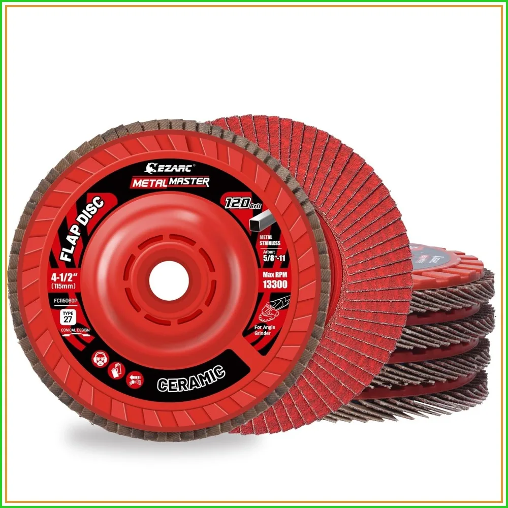 120 Grit Ceramic Flap Discs, 4-1/2" x 7/8", Type 27 Heavy Duty Grinding Wheel for Stainless Steel & Metal Finishing, 5 Pack
120 Grit Ceramic Flap Discs, 4-1/2" x 7/8", Type 27 Heavy Duty Grinding Wheel for Stainless Steel & Metal Finishing, 5 Pack