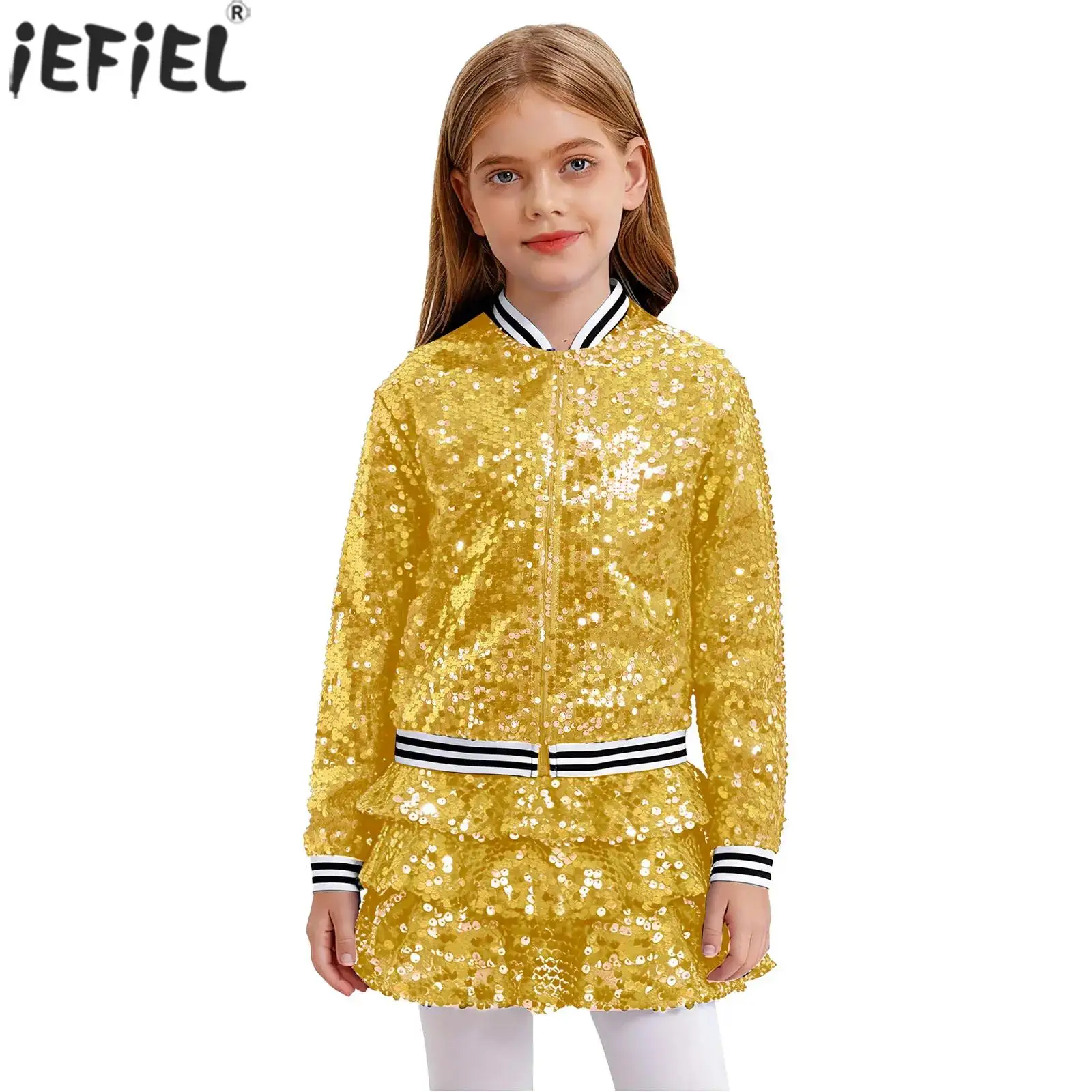 Girls Shiny Sequin Hip Hop Jazz Dance Outfits Streetwear Metallic Striped Trim Baseball Jackets Culottes for Stage Performance
Girls Shiny Sequin Hip Hop Jazz Dance Outfits Streetwear Metallic Striped Trim Baseball Jackets Culottes for Stage Performance