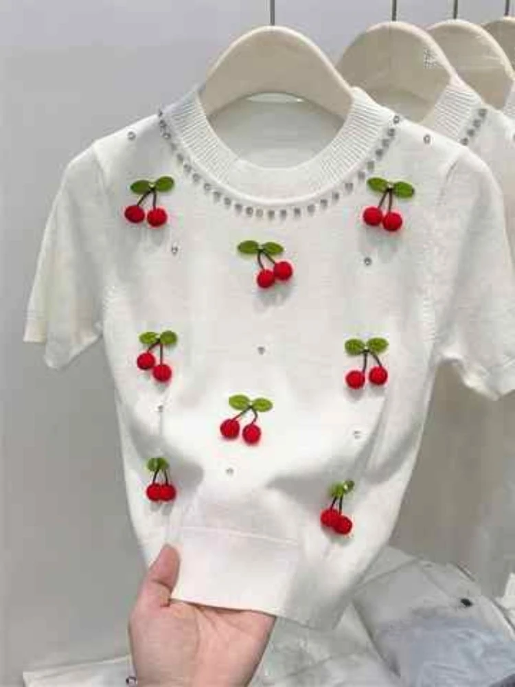 Women's White Short Sleeve Knit Top with 3D Cherry Appliques and Rhinestone Neckline Casual Cute Summer Pullover Sweater Outfits
Women's White Short Sleeve Knit Top with 3D Cherry Appliques and Rhinestone Neckline Casual Cute Summer Pullover Sweater Outfits