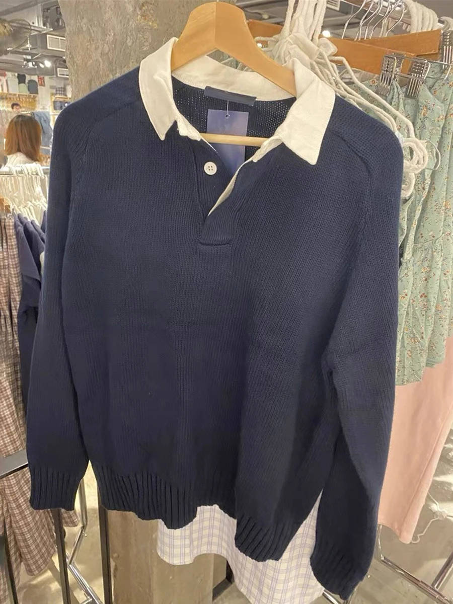 Поддельные два вязаных свитера, женские осенние хлопковые свободные джемперы с отложным воротником и длинными рукавами, винтажный лоскутный свитер в консервативном стиле, топы 
Поддельные два вязаных свитера, женские осенние хлопковые свободные джемперы с отложным воротником и длинными рукавами, винтажный лоскутный свитер в консервативном стиле, топы