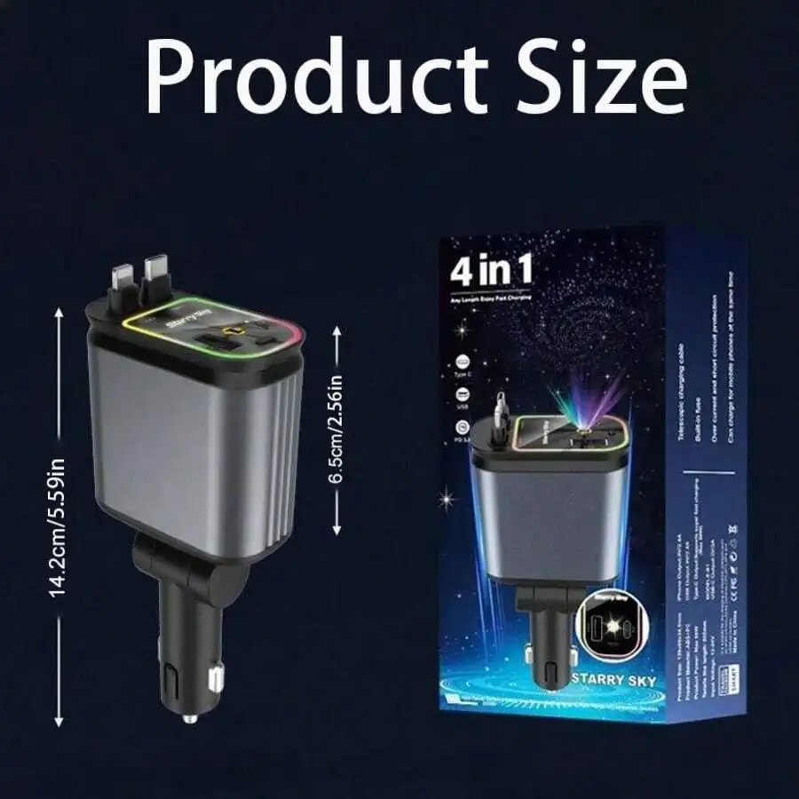 4-In-1 Car Charger With Starry Sky Projector And 7-Color Ambient Light Dual USB Fast Charging For iPhone Android
4-In-1 Car Charger With Starry Sky Projector And 7-Color Ambient Light Dual USB Fast Charging For iPhone Android