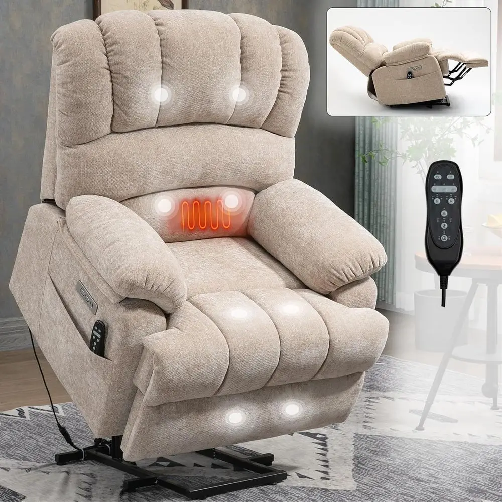 23" Seat Width and High Back Large Size Beige Chenille Power Lit Recliner Chair with 8-Point Vibration Massage and Lumbar Heatin
23" Seat Width and High Back Large Size Beige Chenille Power Lit Recliner Chair with 8-Point Vibration Massage and Lumbar Heatin