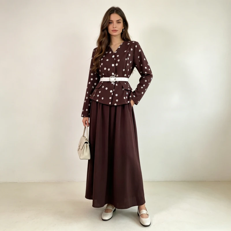 Muslim Skirt Suit Women Coat Long Skirts 2 Piece Sets Polka Dot Print Jacket Outfits Outerwear Belt A Line Ensemble Office Lady
Muslim Skirt Suit Women Coat Long Skirts 2 Piece Sets Polka Dot Print Jacket Outfits Outerwear Belt A Line Ensemble Office Lady