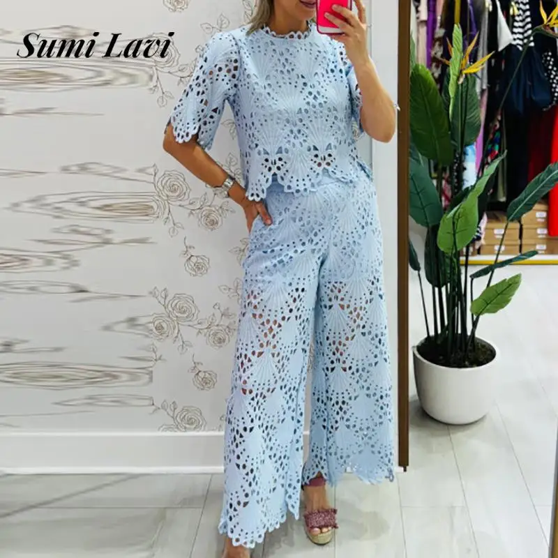 Casual O-neck Pullover & Long Pant Suit Women Elegant Lace Hollow Solid Loose Outfits Short Sleeve Vacation French Style 2Pc Set
Casual O-neck Pullover & Long Pant Suit Women Elegant Lace Hollow Solid Loose Outfits Short Sleeve Vacation French Style 2Pc Set