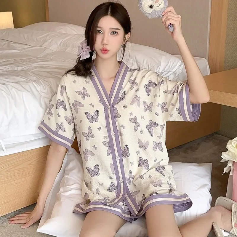 Pajamas with Chest Pads for Girls Short-sleeved Shorts Cartoon Cute Ladies Dormitory Cardigan Home Clothing Set
Pajamas with Chest Pads for Girls Short-sleeved Shorts Cartoon Cute Ladies Dormitory Cardigan Home Clothing Set