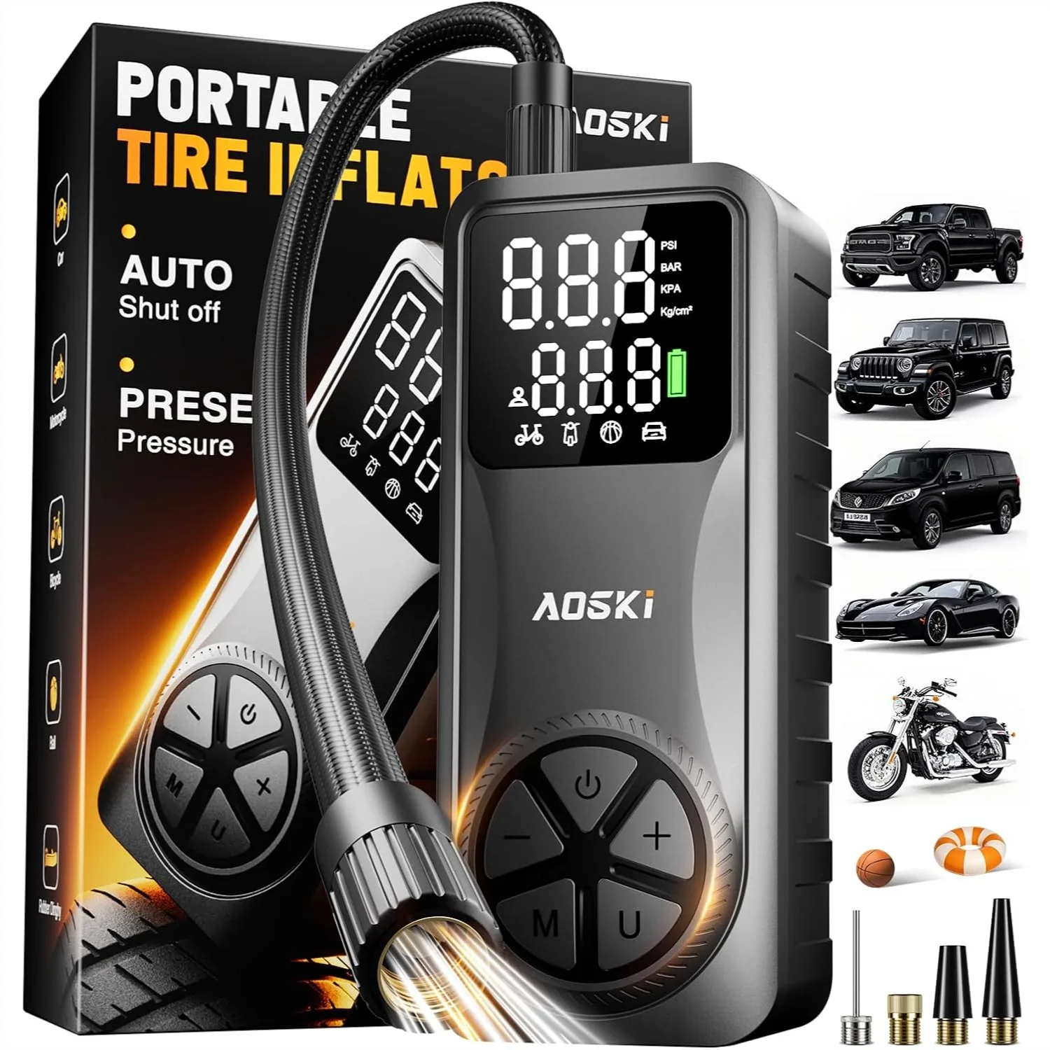 Tire Inflator Portable Air Compressor: 150PSI Rechargeable Air Pump with Digital Gauge, Auto Shut-Off, LED Light for Car
Tire Inflator Portable Air Compressor: 150PSI Rechargeable Air Pump with Digital Gauge, Auto Shut-Off, LED Light for Car