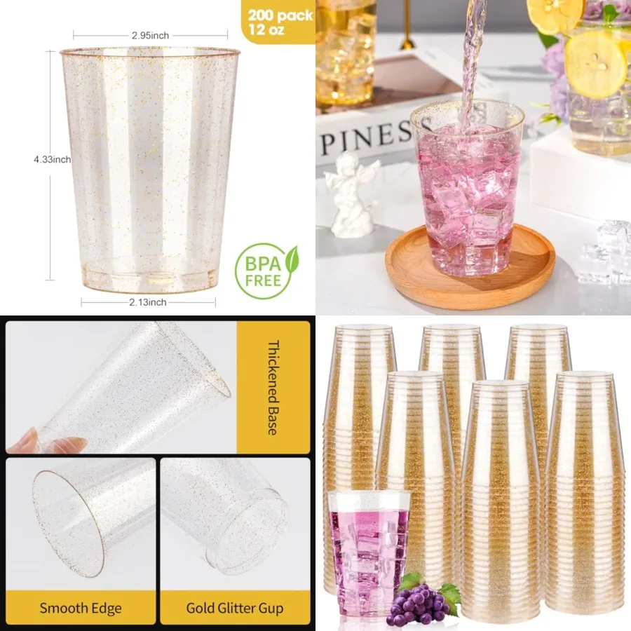 12 oz 200 PCS Gold Glitter Plastic Cups, Disposable Glitter Cups, Elegant Plastic Cocktail Glasses, Fancy Party Cups for Weddin
12 oz 200 PCS Gold Glitter Plastic Cups, Disposable Glitter Cups, Elegant Plastic Cocktail Glasses, Fancy Party Cups for Weddin