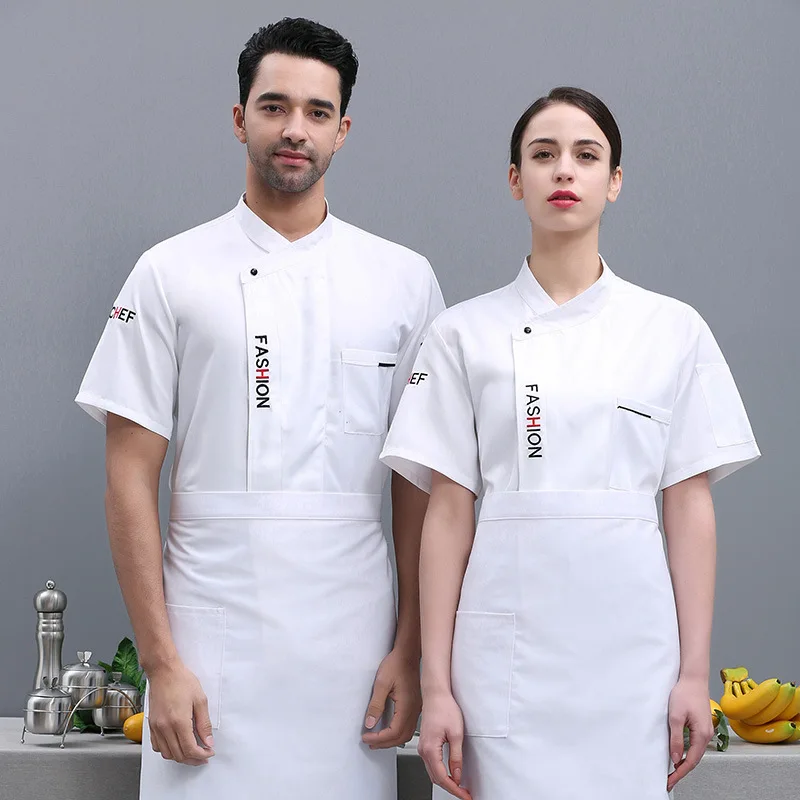 White short-sleeved chef uniform for men, summer wear, breathable chef workwear with printed logo, kitchen clothes for restauran
White short-sleeved chef uniform for men, summer wear, breathable chef workwear with printed logo, kitchen clothes for restauran