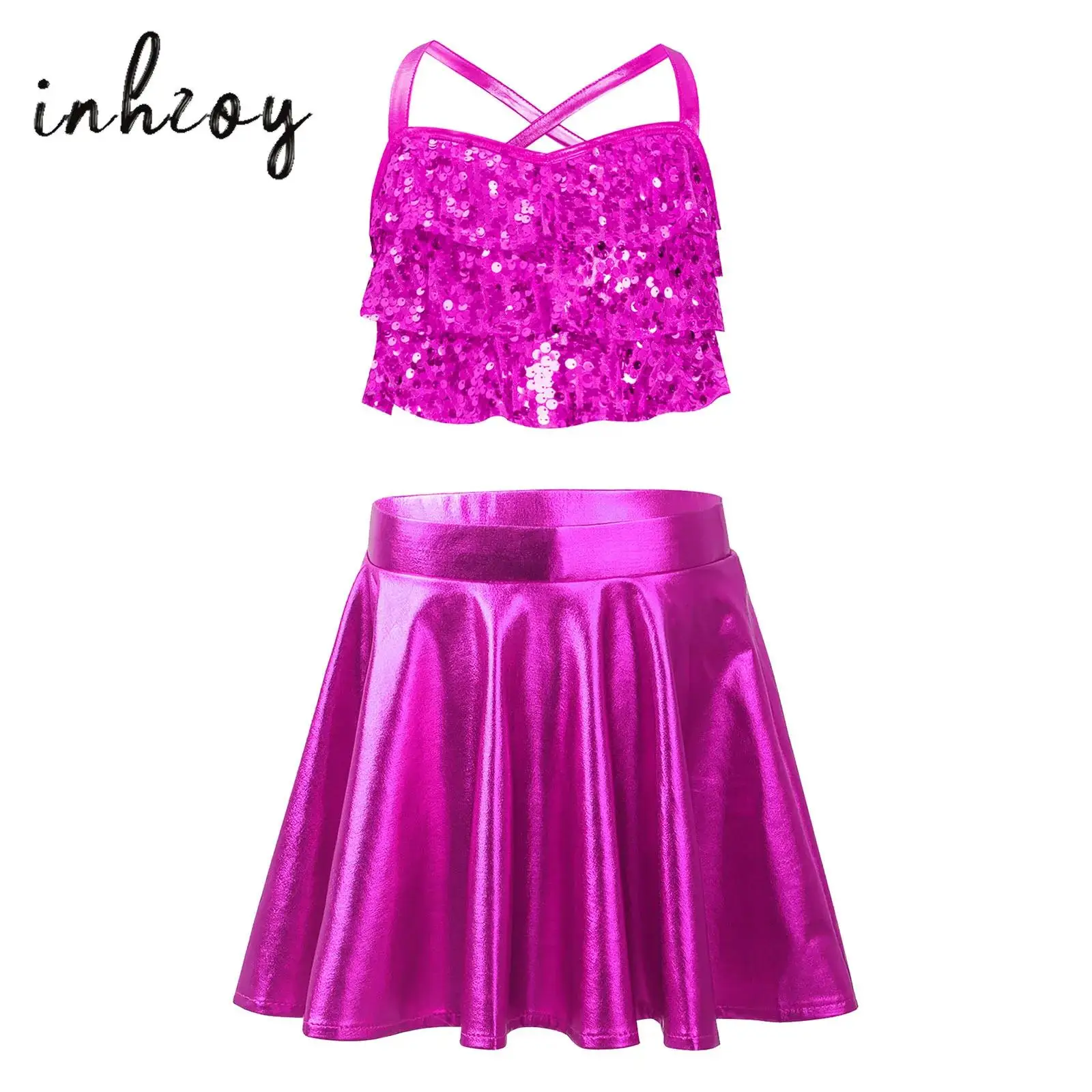 2Pcs Kids Girls Cheerleading Jazz Dance Costumes Sleeveless Shiny Sequins Tiered Ruffles Crop Top+Metallic Skirt for Competition
2Pcs Kids Girls Cheerleading Jazz Dance Costumes Sleeveless Shiny Sequins Tiered Ruffles Crop Top+Metallic Skirt for Competition