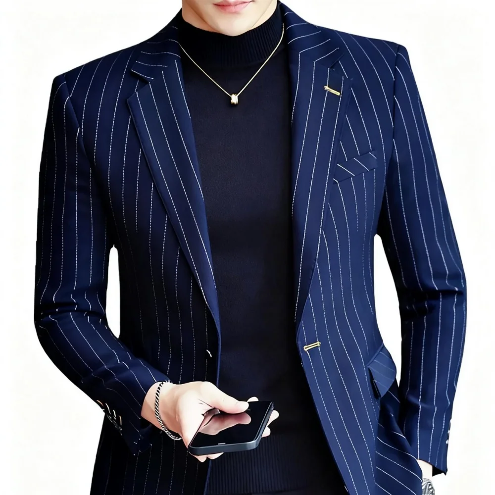 High-Quality Dark blue stripe Slim Fit Men's Suit Set with Notched Lapel Blazer 1-Piece Wedding Guest Formal Business Attire
High-Quality Dark blue stripe Slim Fit Men's Suit Set with Notched Lapel Blazer 1-Piece Wedding Guest Formal Business Attire