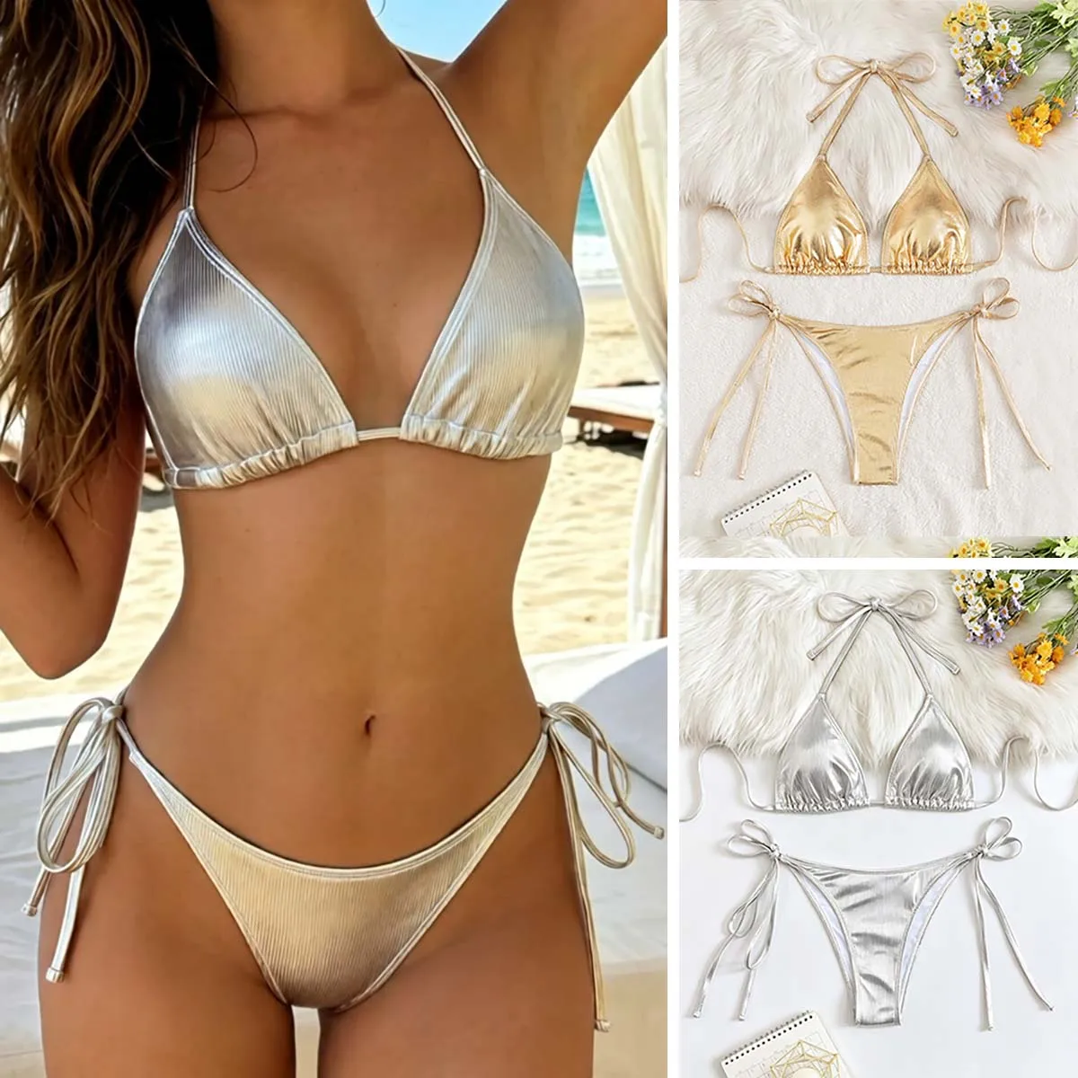 Sexy Metallic Golden Bikini Push Up Swimwear Women Brazilian Bikinis Triangle Side String Bathing Suit Beach Wear Biquini Femme
Sexy Metallic Golden Bikini Push Up Swimwear Women Brazilian Bikinis Triangle Side String Bathing Suit Beach Wear Biquini Femme