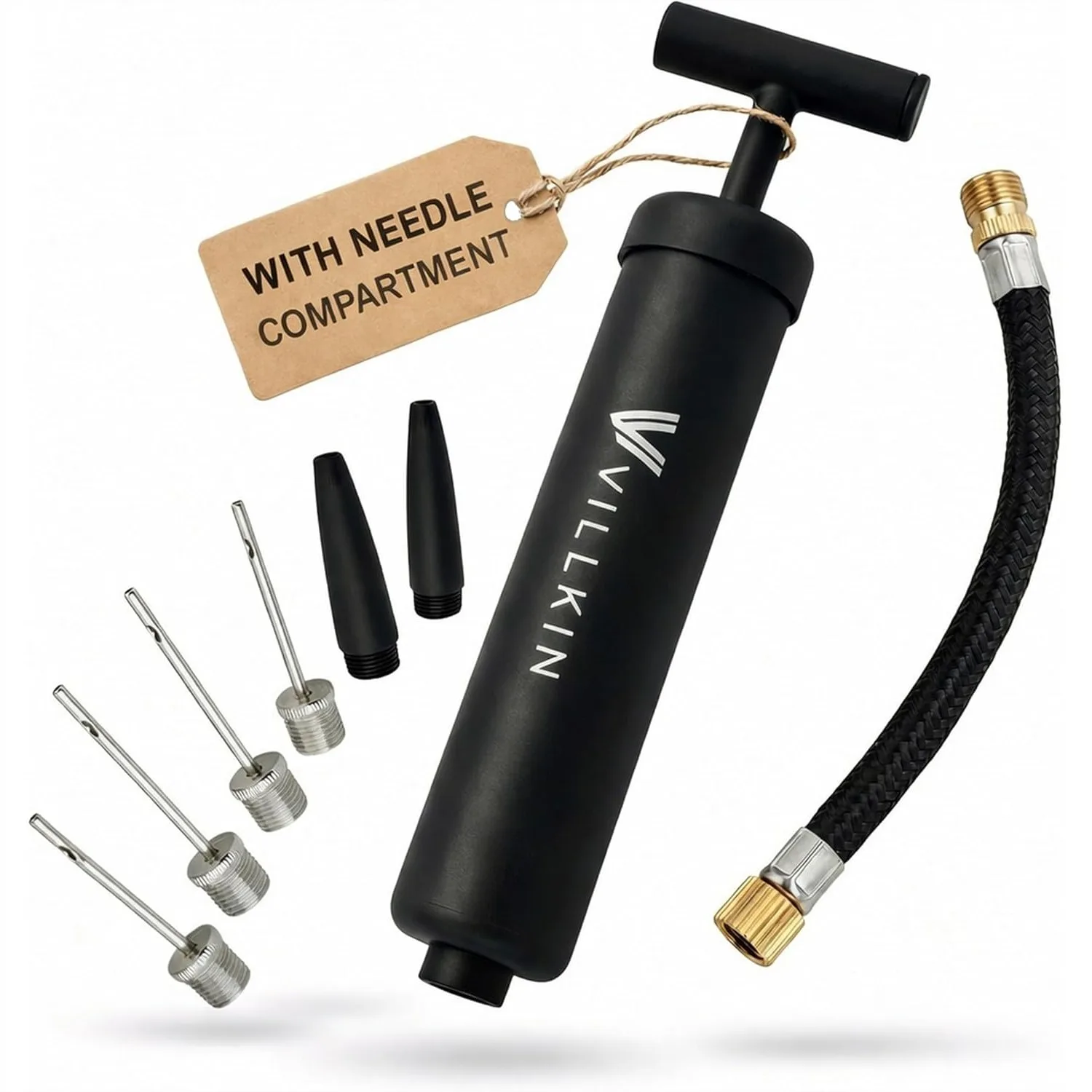 Ball Pump with Needle Storage in Handle - 4 Metal Needles, 2 Plastic Nozzles, Flexible Hose for Sports
Ball Pump with Needle Storage in Handle - 4 Metal Needles, 2 Plastic Nozzles, Flexible Hose for Sports