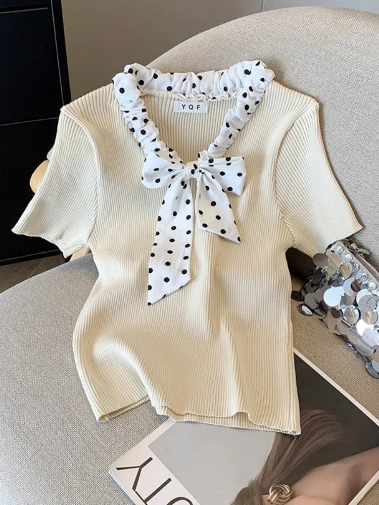 Summer Soft Knitting Sweater Retro Splicing Pleated Ribbon Bow Shirts Sweet Polka Dot Black Short Sleeve Elegant Women Clothes
Summer Soft Knitting Sweater Retro Splicing Pleated Ribbon Bow Shirts Sweet Polka Dot Black Short Sleeve Elegant Women Clothes