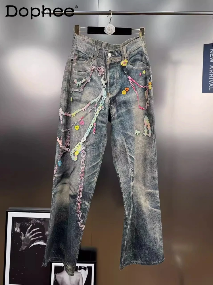 Spring and Summer 2025 New American Retro Colored Bead Chain Jeans Women's Loose Street Trendy Straight Wide-leg Pants
Spring and Summer 2025 New American Retro Colored Bead Chain Jeans Women's Loose Street Trendy Straight Wide-leg Pants