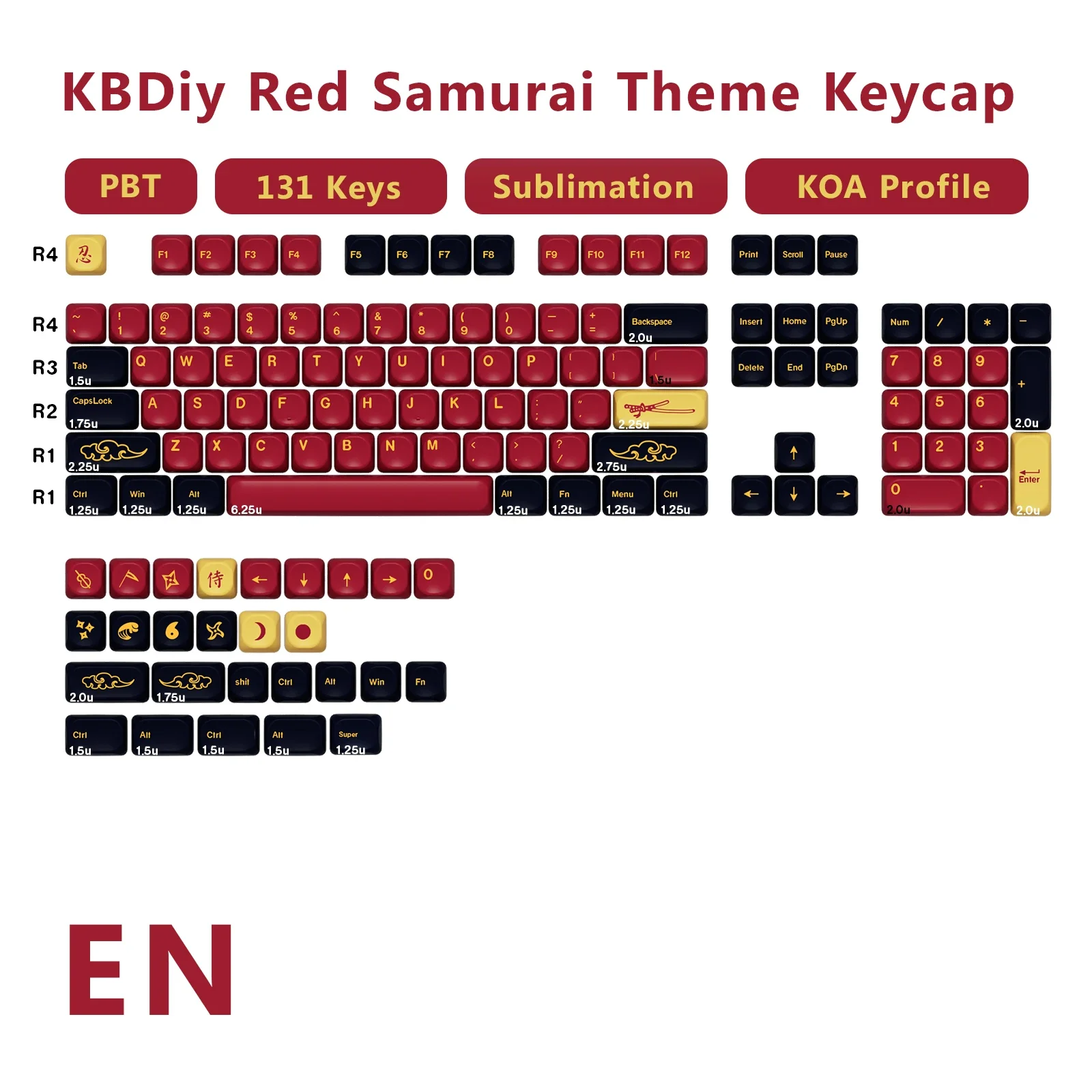 131 Keys PBT Red Samurai Keycap KOA Profile for Mechanical Gaming Keyboard for MX Switches for aven68 mad 60he ak820 pro mad 68h
131 Keys PBT Red Samurai Keycap KOA Profile for Mechanical Gaming Keyboard for MX Switches for aven68 mad 60he ak820 pro mad 68h