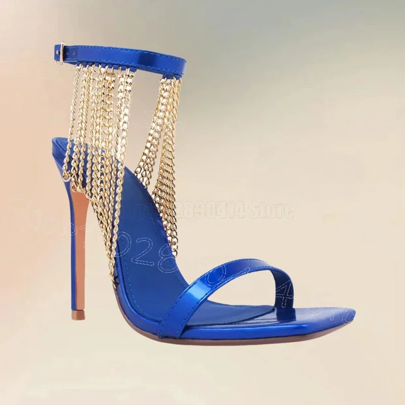 Gold Chain Blue Patent Leather Open Toe Sandals Buckle Strap Women Shoes Thin High Heels Party Banquet 2025 Zapatos Para Mujere
Gold Chain Blue Patent Leather Open Toe Sandals Buckle Strap Women Shoes Thin High Heels Party Banquet 2025 Zapatos Para Mujere