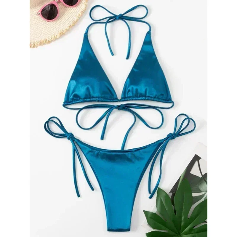 Satin Swimsuit Women Micro Bikini Lace Up Triangle Halter High Cut Thong Split Bathing Suit Summer 2025 New 2 pieces Bikini Sets
Satin Swimsuit Women Micro Bikini Lace Up Triangle Halter High Cut Thong Split Bathing Suit Summer 2025 New 2 pieces Bikini Sets