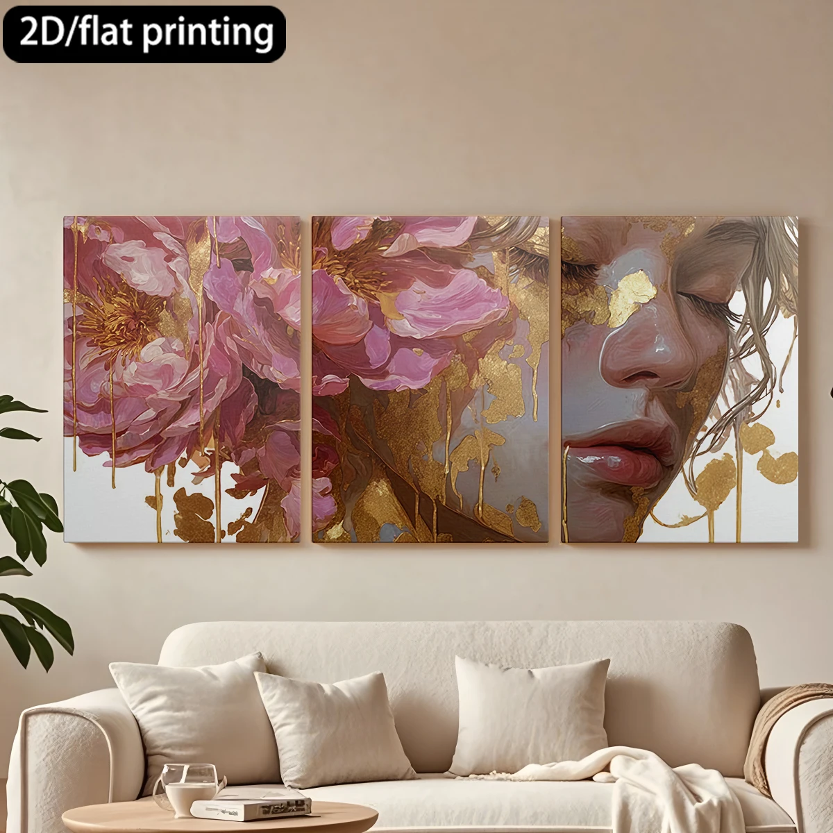Three-panel decorative canvas paintingPortrait, pink flowers, dripping gold accents.
Three-panel decorative canvas paintingPortrait, pink flowers, dripping gold accents.