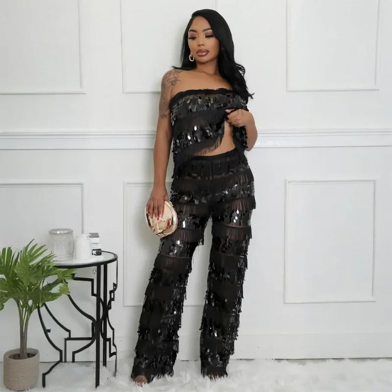 GUWU Sequined Tassel Women's Set Tie Up Backless Crop Top and Wide Leg Pants Sexy Club Party Two 2 Piece Set Outfit Tracksuit
GUWU Sequined Tassel Women's Set Tie Up Backless Crop Top and Wide Leg Pants Sexy Club Party Two 2 Piece Set Outfit Tracksuit
