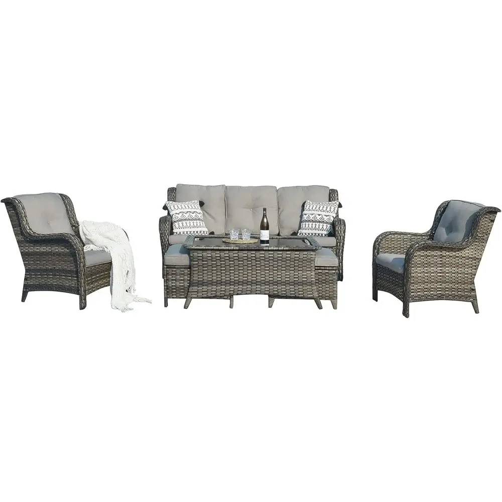 6-Piece Grey Rattan Patio Sectional Set: Sofa, 2 Chairs, 2 Ottomans, Glass Top Coffee Table
6-Piece Grey Rattan Patio Sectional Set: Sofa, 2 Chairs, 2 Ottomans, Glass Top Coffee Table
