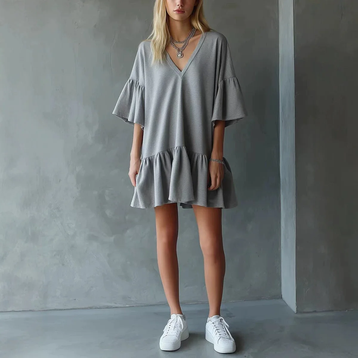 Women Lazy Solid Color V Neck Ruffle Dress Summer Loose Casual All-match Dress
Women Lazy Solid Color V Neck Ruffle Dress Summer Loose Casual All-match Dress