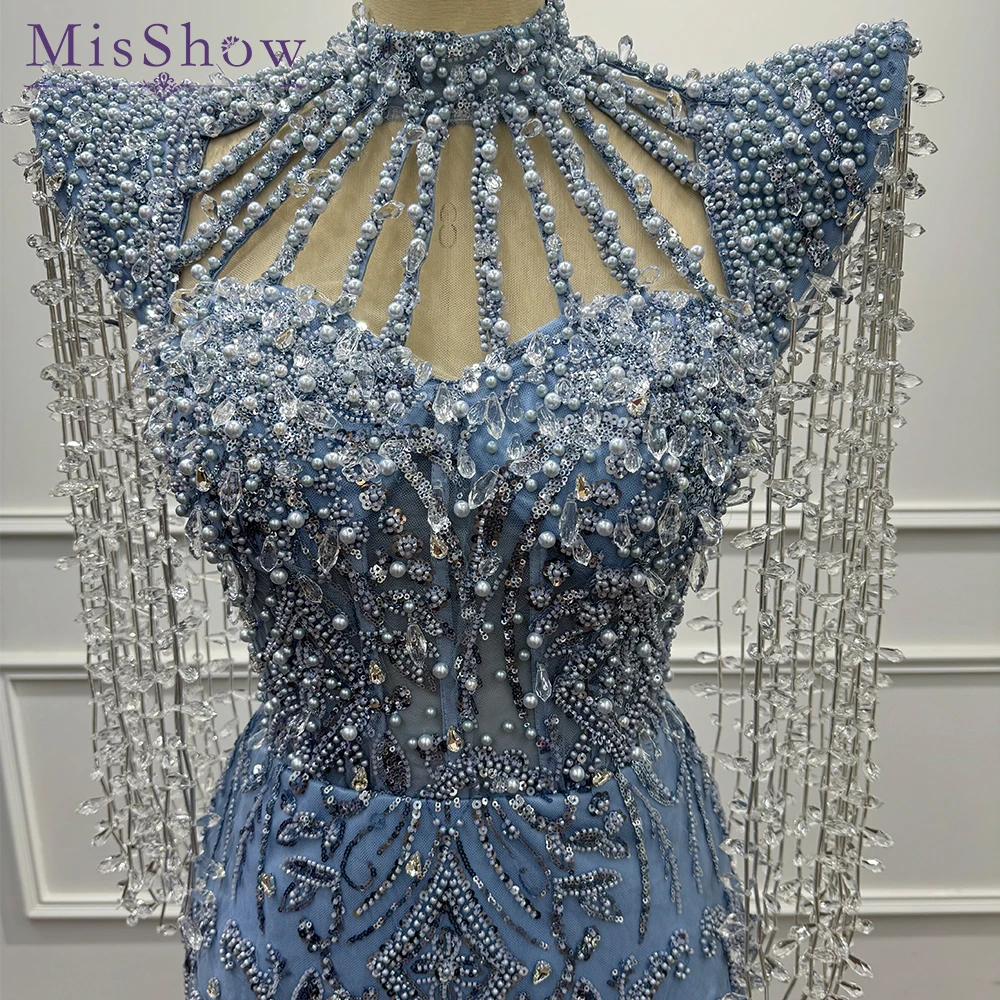 MisShow Customized Blue Beaded Evening Gown with High Neck & Cascading Fringe, Mermaid Skirt - Luxe Gala Dinner Dress
MisShow Customized Blue Beaded Evening Gown with High Neck & Cascading Fringe, Mermaid Skirt - Luxe Gala Dinner Dress