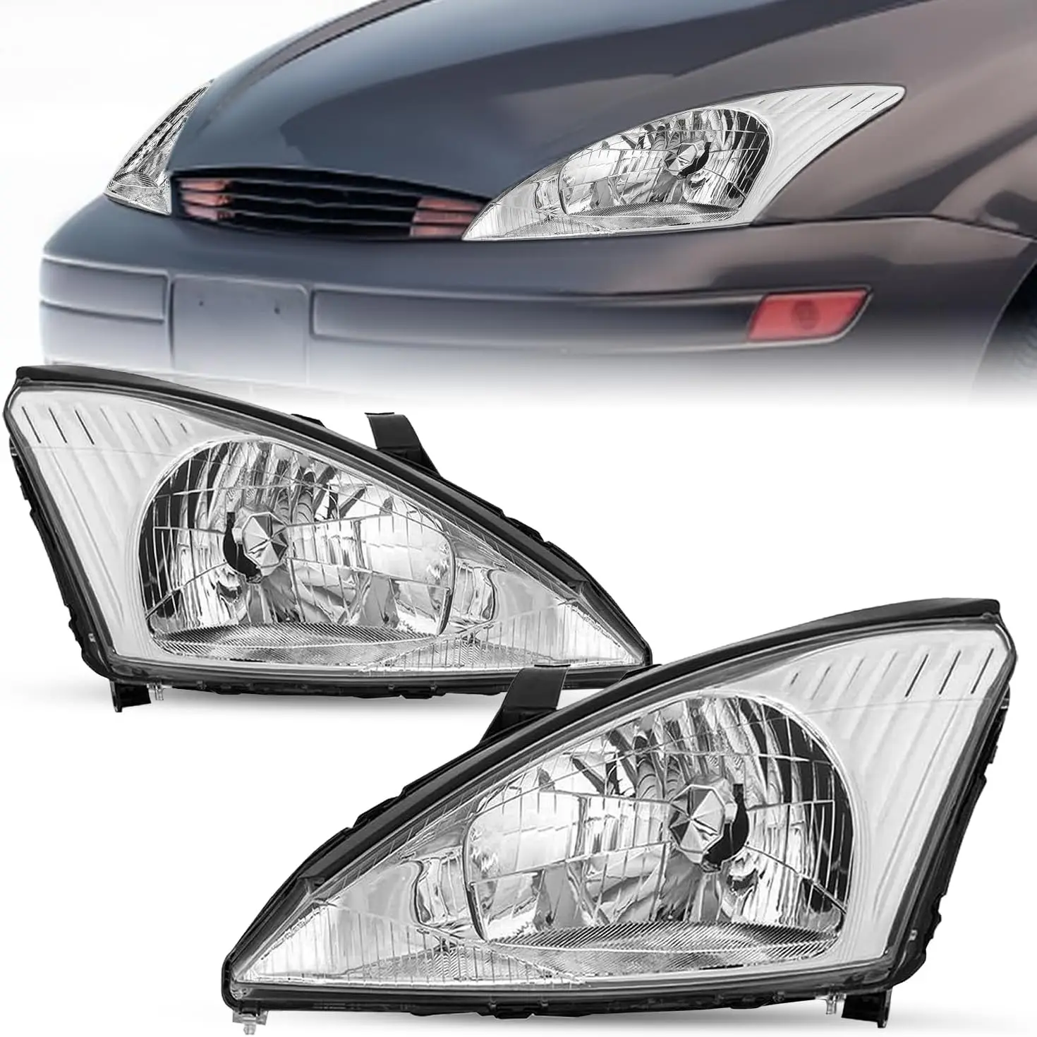 Пара фар в сборе для 2000, 2001, 2002, 2003, 2004, передняя фара Ford Focus, хромированный корпус с прозрачным отражателем (L + R)
Пара фар в сборе для 2000, 2001, 2002, 2003, 2004, передняя фара Ford Focus, хромированный корпус с прозрачным отражателем (L + R)
