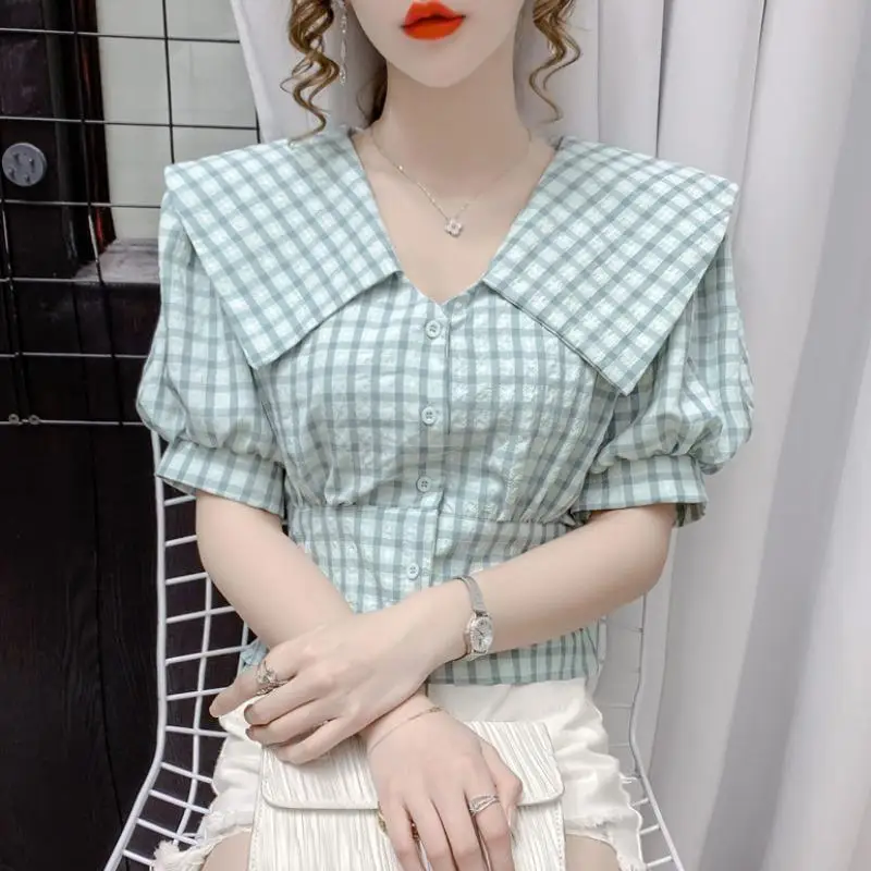 Women's Lapel Blouses Summer New Commute Shorts Plaid Printed Spliced Loose Casual All-match Puff Sleeve Single-breasted Shirts
Women's Lapel Blouses Summer New Commute Shorts Plaid Printed Spliced Loose Casual All-match Puff Sleeve Single-breasted Shirts