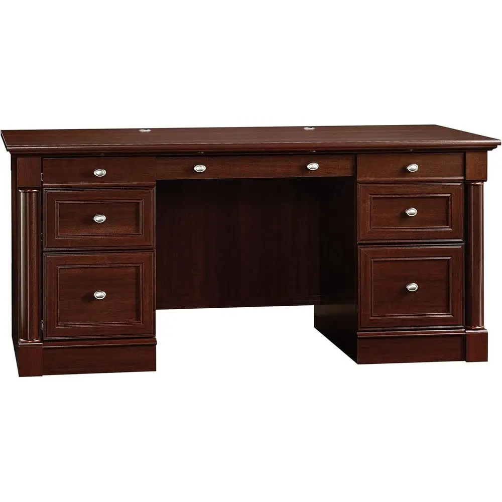 Cherry-finished Executive Desk with Drawers, Cabinet Storage, Cable Management, and Keyboard Tray
Cherry-finished Executive Desk with Drawers, Cabinet Storage, Cable Management, and Keyboard Tray