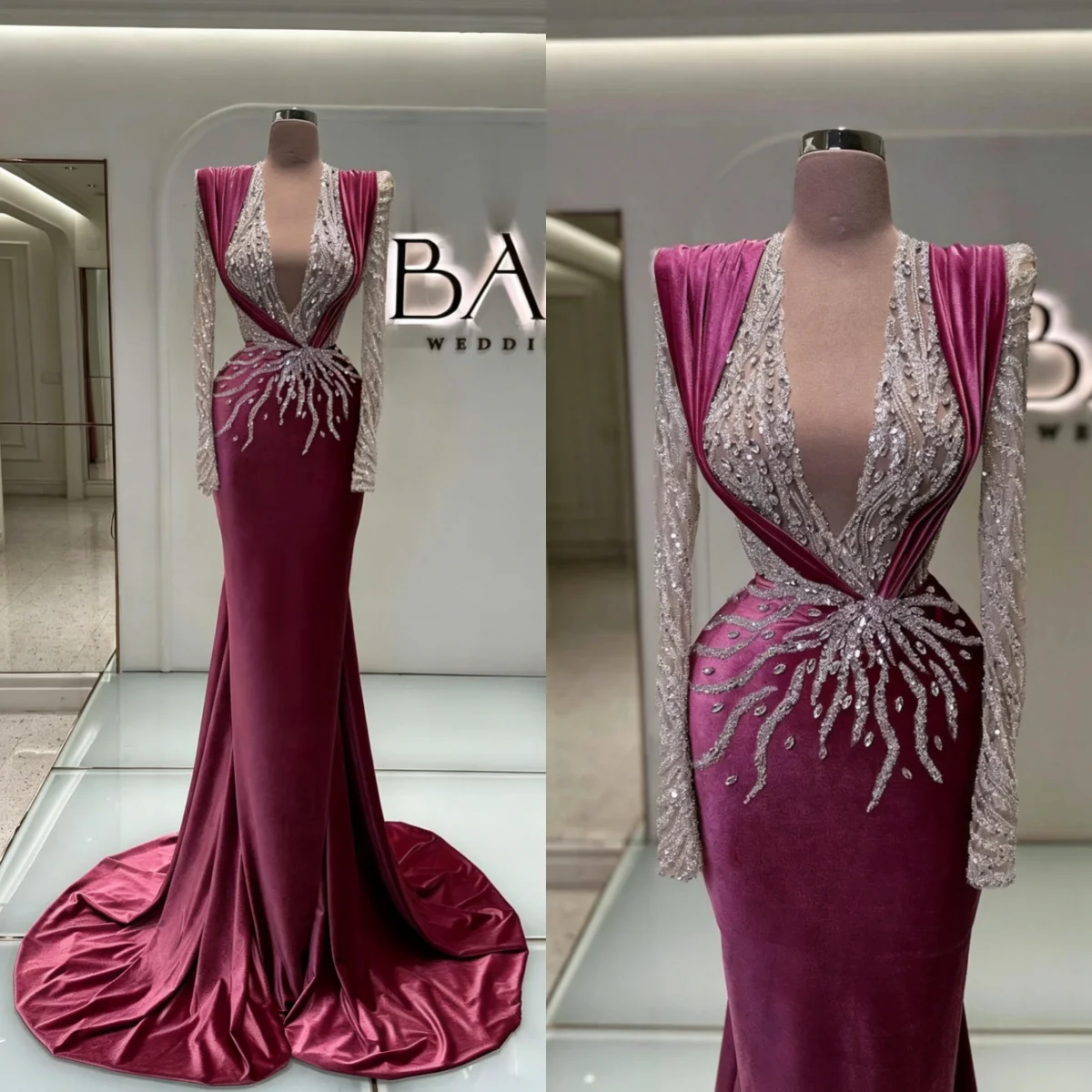Elegant Beaded Evening Dresses Long Sleeve Sweep Train Mermaid Prom Dresses Crystals Vestidos De Gala Customized
Elegant Beaded Evening Dresses Long Sleeve Sweep Train Mermaid Prom Dresses Crystals Vestidos De Gala Customized