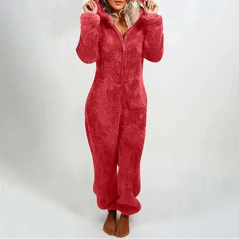 2026 Sonbahar Kış Yetişkin Tulum Pijama Kadınlar İçin Sevimli Tüylü Kış Tek Parça Pijama Peluş Sıcak Kapüşonlu Gecelik Büyük Beden Kırmızı