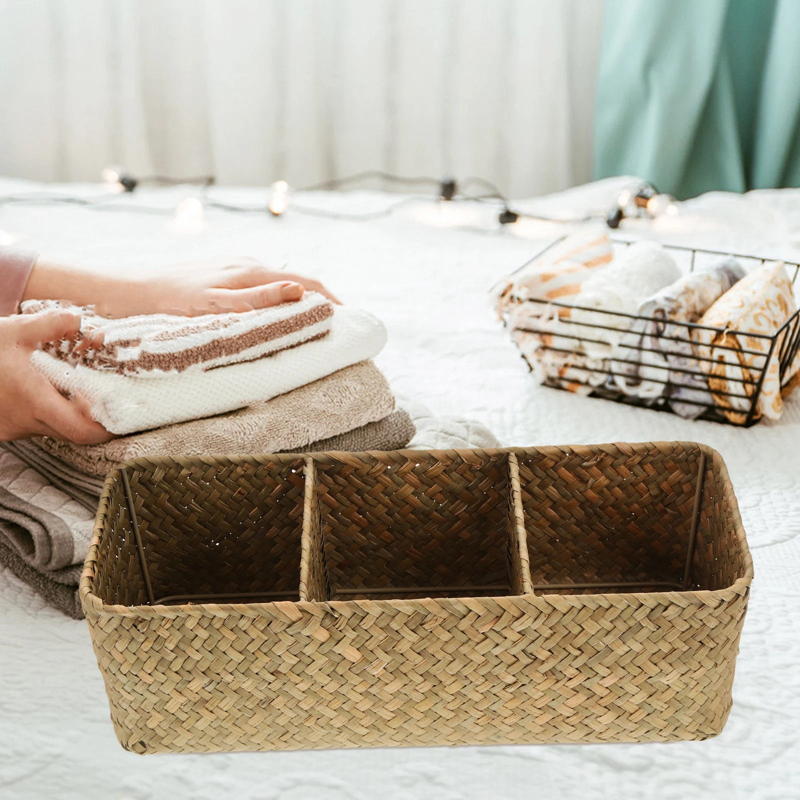 Woven Storage Basket with Three Sections Desktop Organizer Bin for Makeup and Small Items Home Sundries Organizer
Woven Storage Basket with Three Sections Desktop Organizer Bin for Makeup and Small Items Home Sundries Organizer
