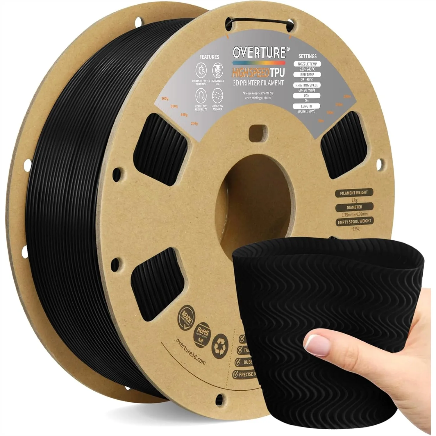 High Speed TPU Filament 1.75mm Flexible Roll, 95A Soft 3D Printer Filament, 1kg Spool (2.2 lbs), Fit Most FDM Printer
High Speed TPU Filament 1.75mm Flexible Roll, 95A Soft 3D Printer Filament, 1kg Spool (2.2 lbs), Fit Most FDM Printer