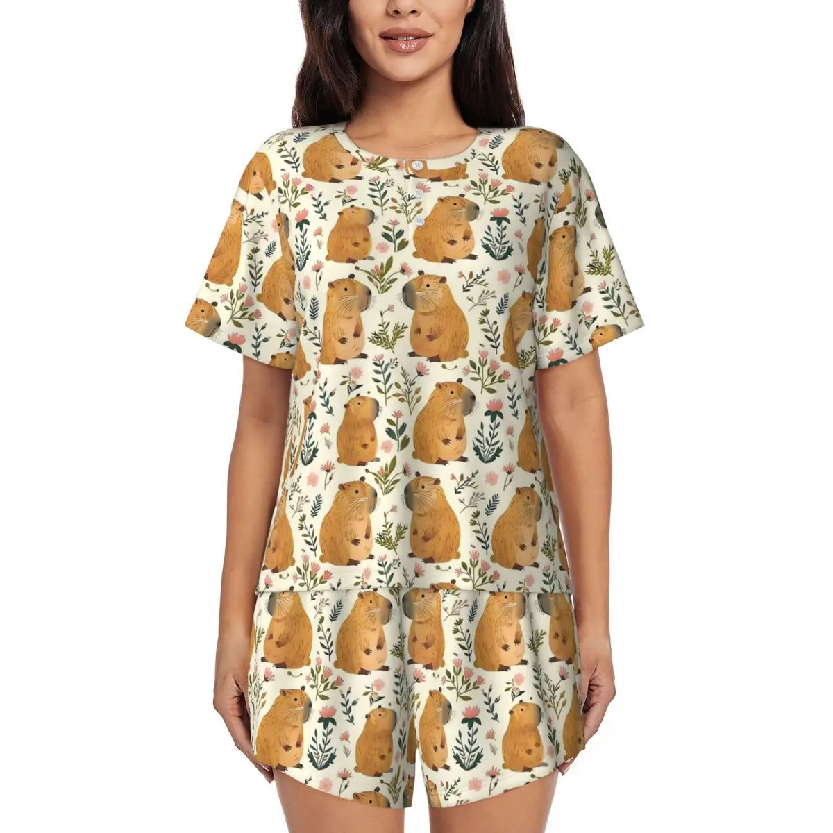 Cute Capybara Art Pajamas Animal Room O Neck Sleepwear Women 2 Piece Custom Short Sleeve Fashion Pajamas Set
Cute Capybara Art Pajamas Animal Room O Neck Sleepwear Women 2 Piece Custom Short Sleeve Fashion Pajamas Set