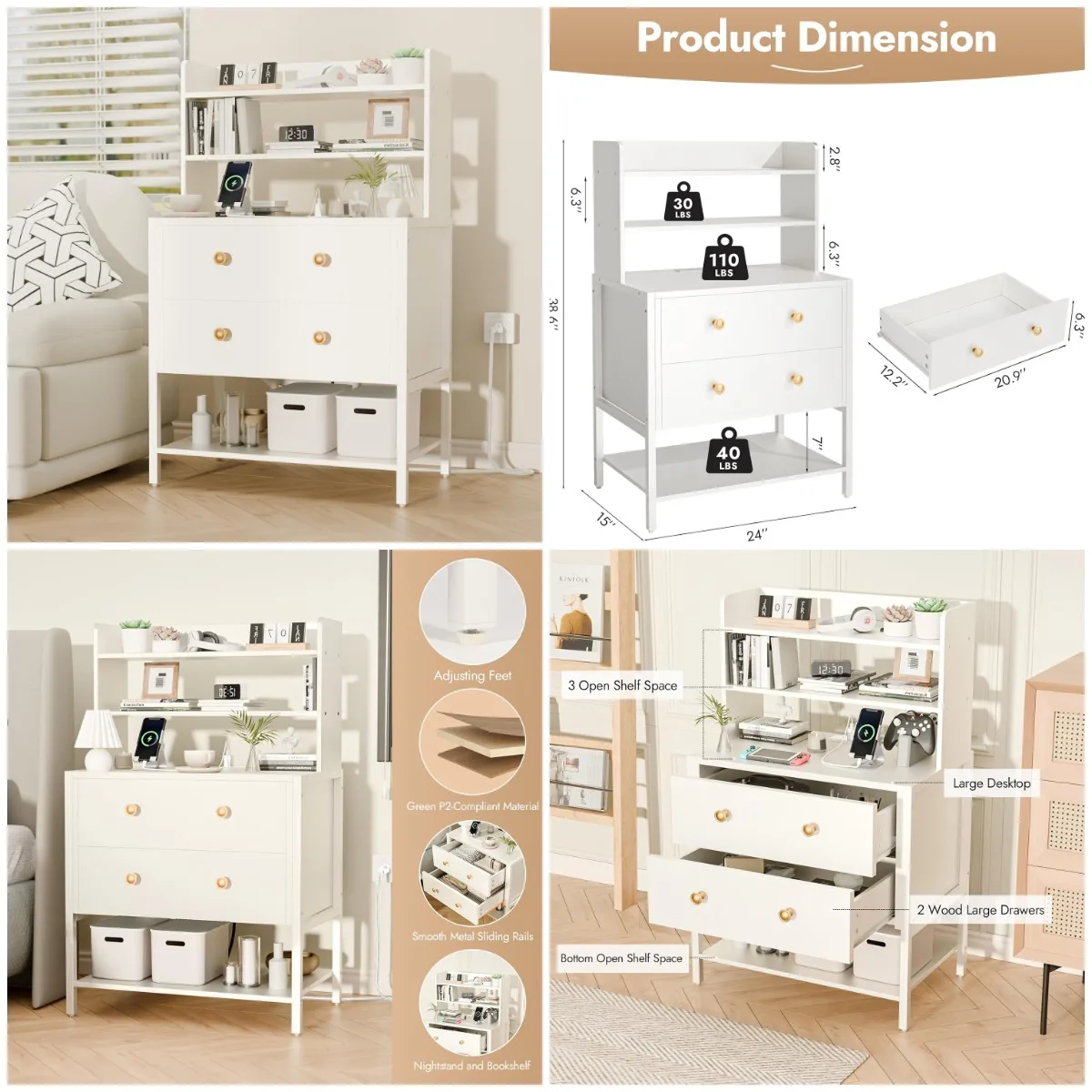 24 Inch Night Stand with 2 Drawers, 4-Tier Shelves & Charging Station, White Wooden Bedside Table for Bedroom, Living Room, Offi
24 Inch Night Stand with 2 Drawers, 4-Tier Shelves & Charging Station, White Wooden Bedside Table for Bedroom, Living Room, Offi