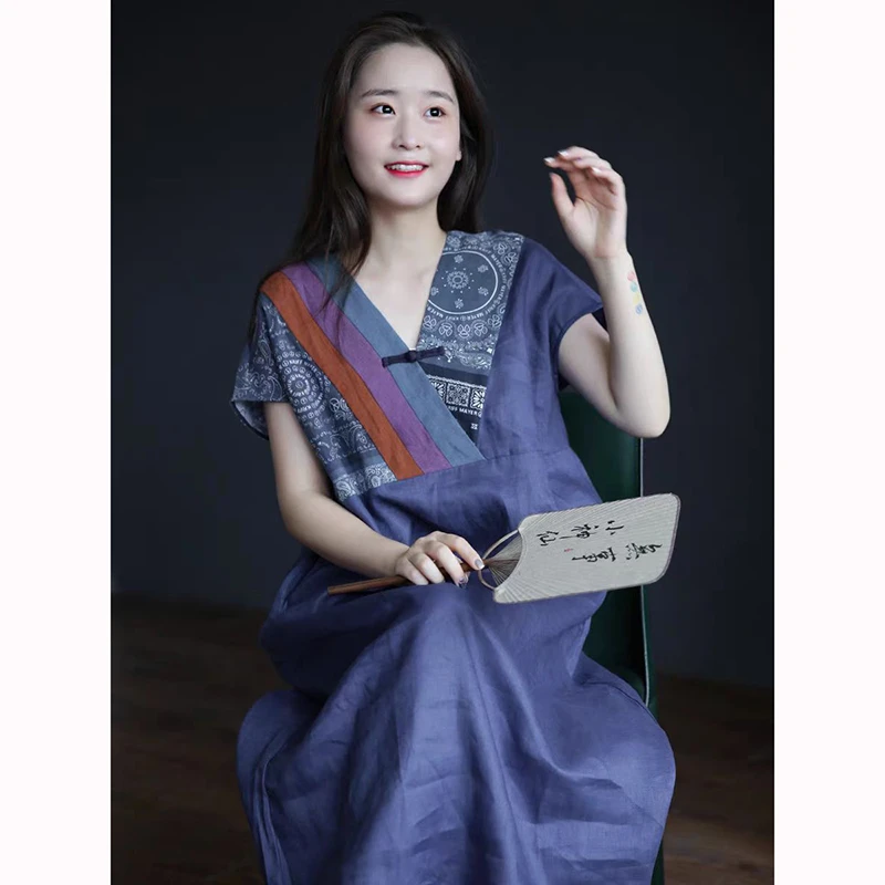 Summer New Arts Style Women Patchwork V-neck Loose Dresses Improved Qipao Cotton Linen Vintage A-line Dress Good Quality JM05
Summer New Arts Style Women Patchwork V-neck Loose Dresses Improved Qipao Cotton Linen Vintage A-line Dress Good Quality JM05
